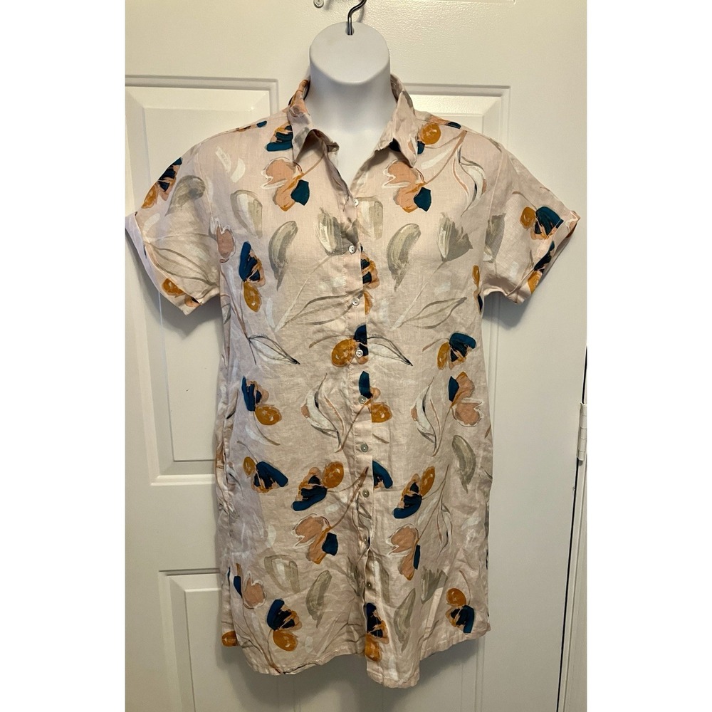 Rachel Zoe Shirt Dress Women's Sz Large Linen Pink Multi Button Up Floral Casual